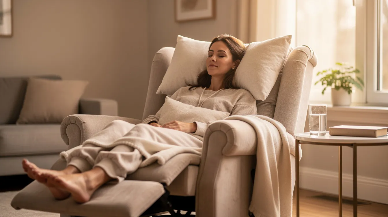A woman is resting comfortably on a recliner, surrounded by supportive pillows, as she recovers from breast augmentation surgery. She appears relaxed, likely managing mild pain with prescribed medications during her recovery period, which can take several weeks.