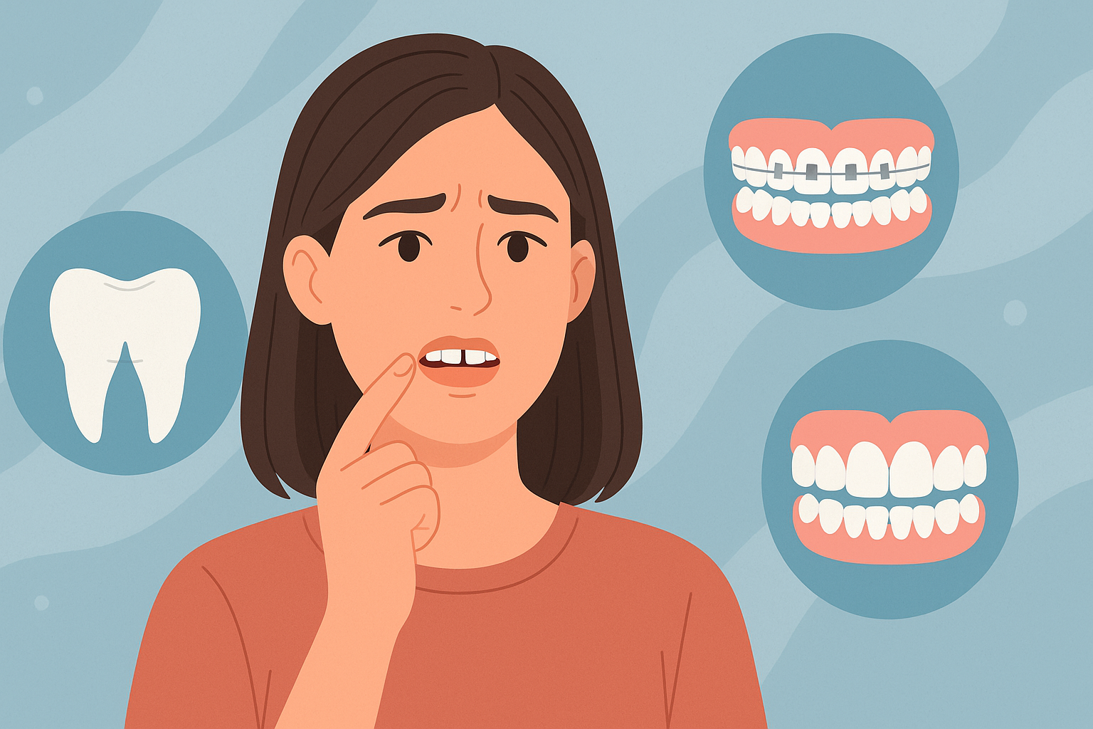Kvinne bekymret for mellomrom mellom tennene, omgitt av illustrasjoner av tann, tannregulering og skallfasetter som løsninger."