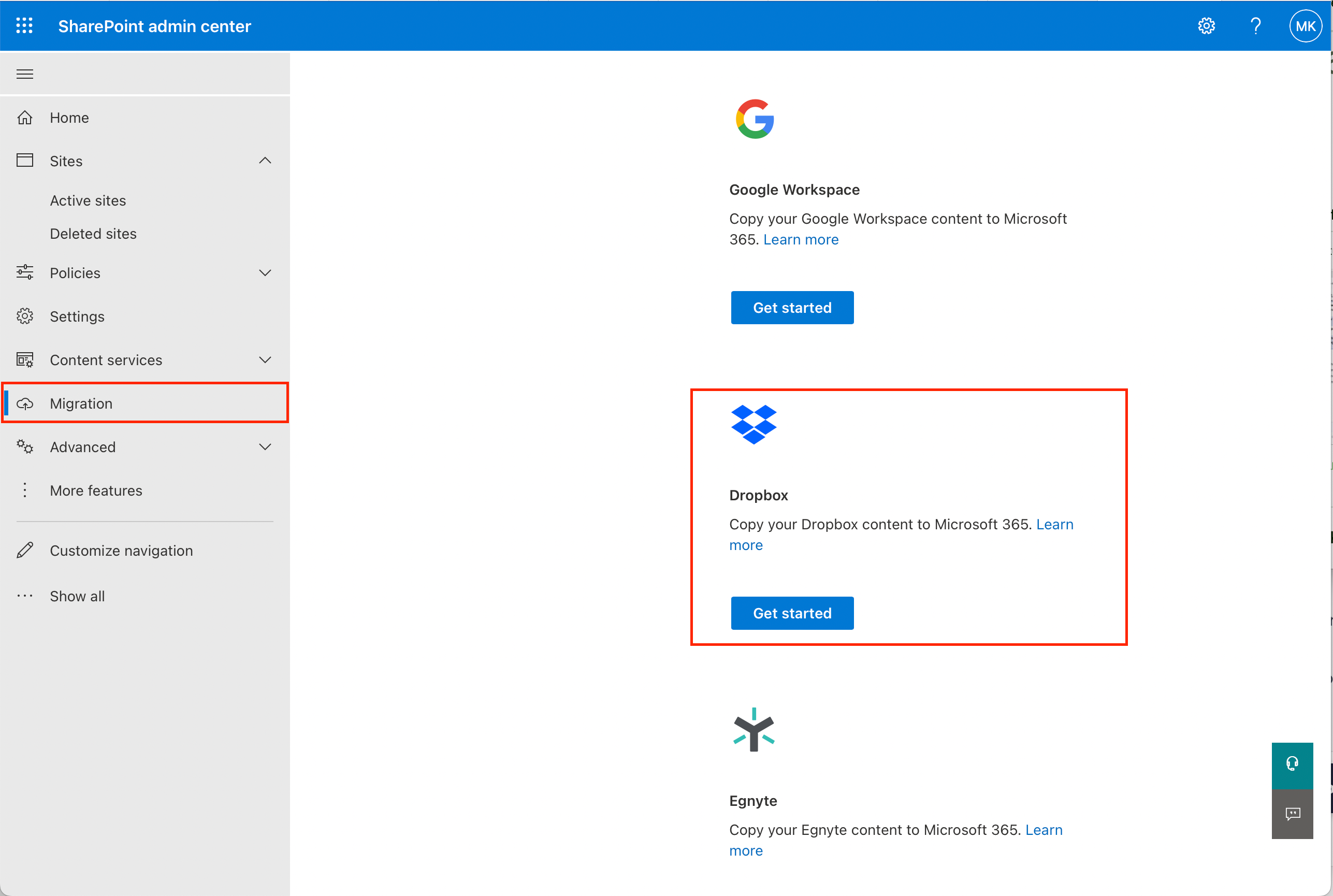select dropbox in sharepoint admin center