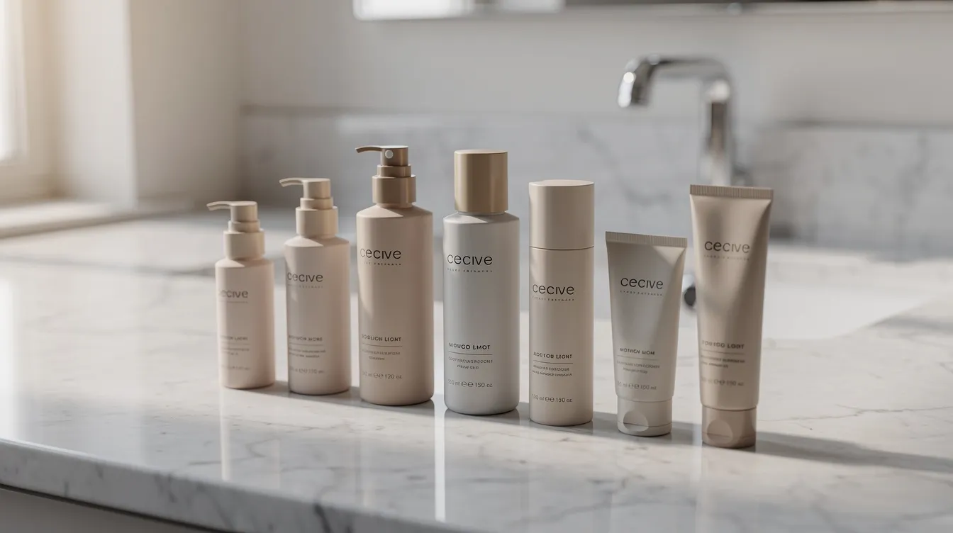 The image features several skincare bottles and tubes, including retinol serum and hydrating products, neatly arranged on a marble bathroom counter, illuminated by soft natural light. This display highlights essential items for a skincare routine, suitable for various skin types, including sensitive and acne-prone skin.