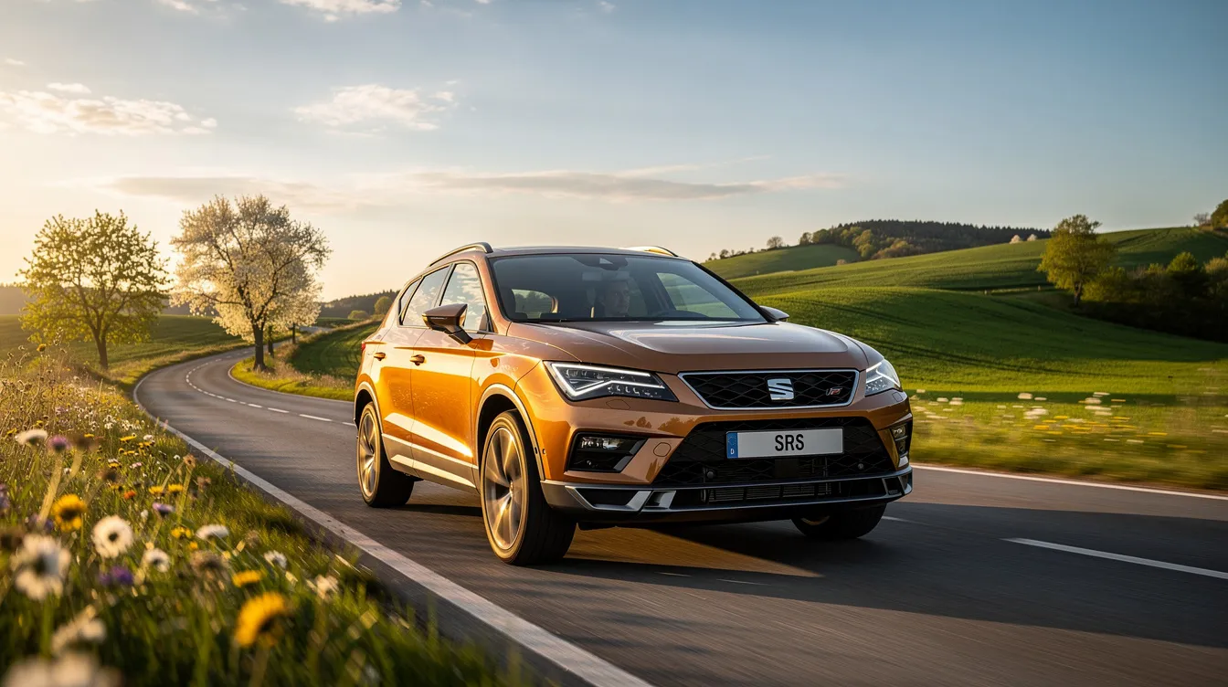 A SEAT SUV is parked on a scenic country road, surrounded by lush greenery and rolling hills, showcasing its modern design and features. This vehicle represents a cost-effective option for drivers looking to upgrade their car with improved fuel efficiency and safety features for a better driving experience.