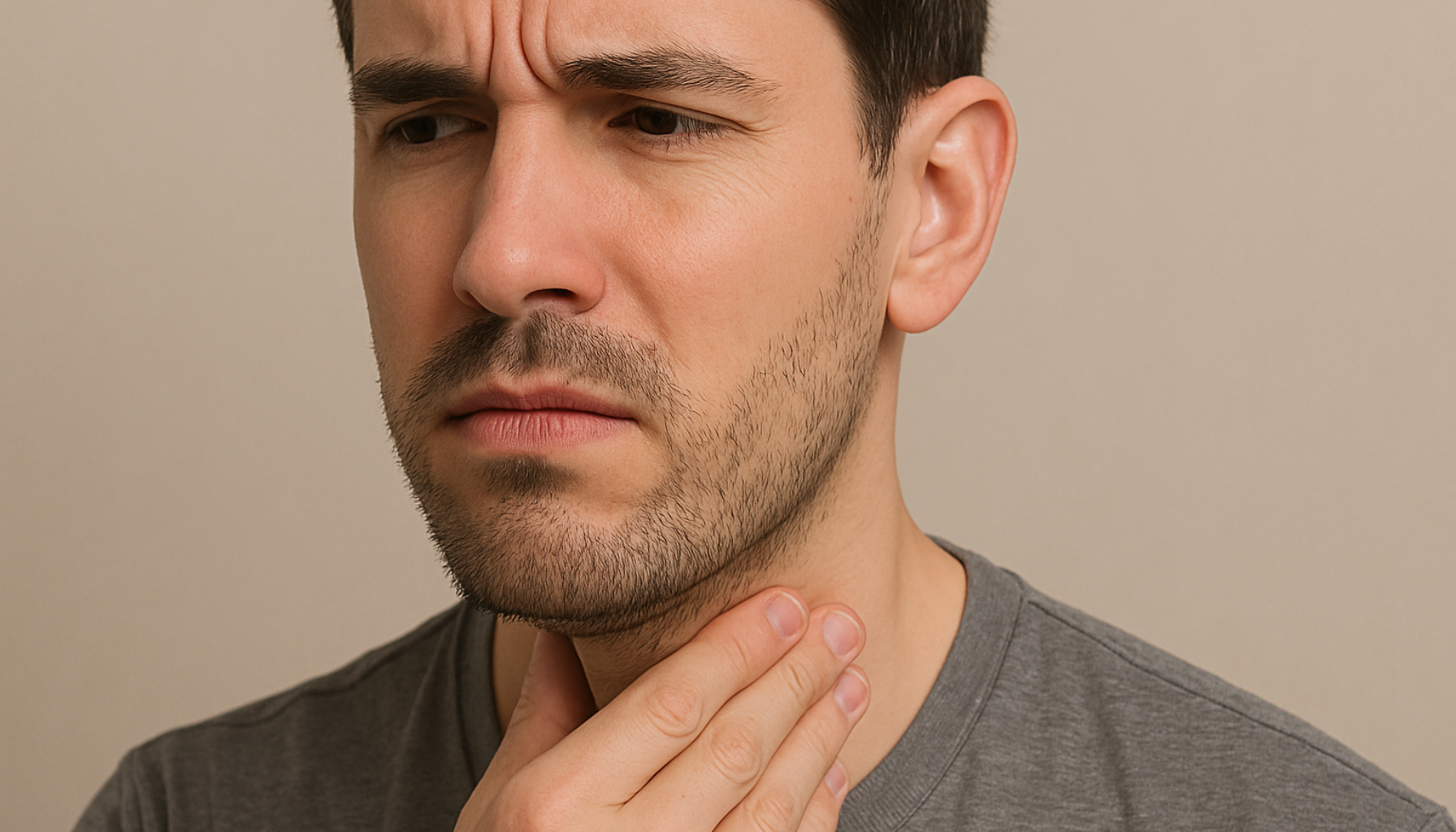 Mann som kjenner vedvarende klumpfølelse i svelget.