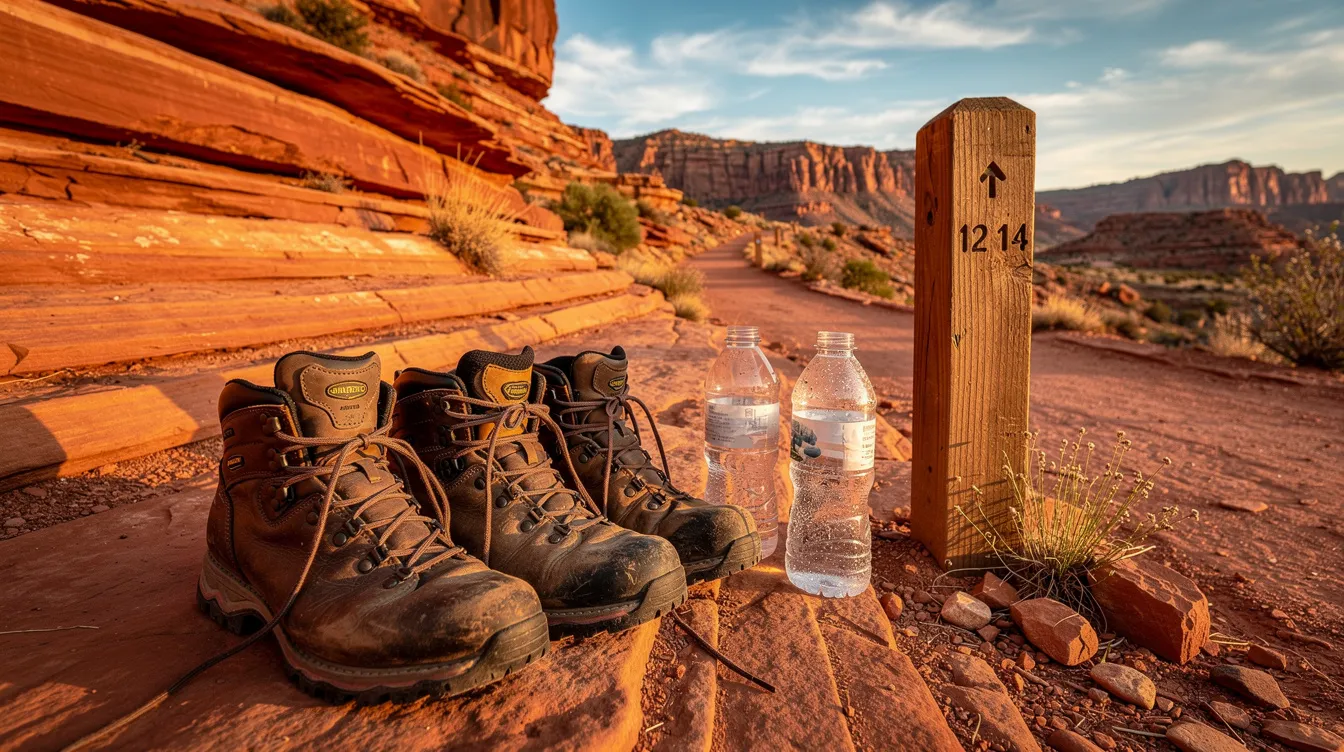 A pair of sturdy hiking boots and two water bottles are neatly arranged on a red sandstone surface near a trail marker, suggesting preparation for a hike in Zion National Park, possibly to Angels Landing. The scene captures the essence of adventure and the anticipation of securing a permit through the seasonal lottery for this popular trail.