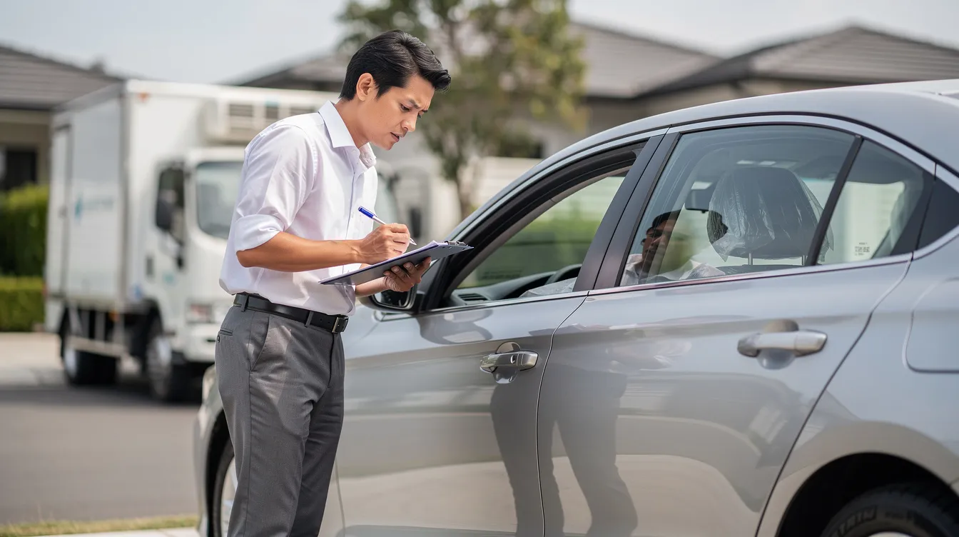 A person is carefully inspecting a newly delivered car while holding a clipboard, ensuring that the vehicle arrived in perfect condition. This scene highlights the attention to detail often associated with auto transport services, particularly within the Connecticut car shipping industry.