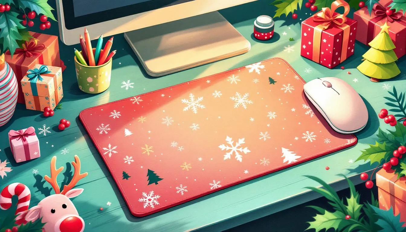 Festive desk accessories including holiday-themed mouse pads and pen holders.