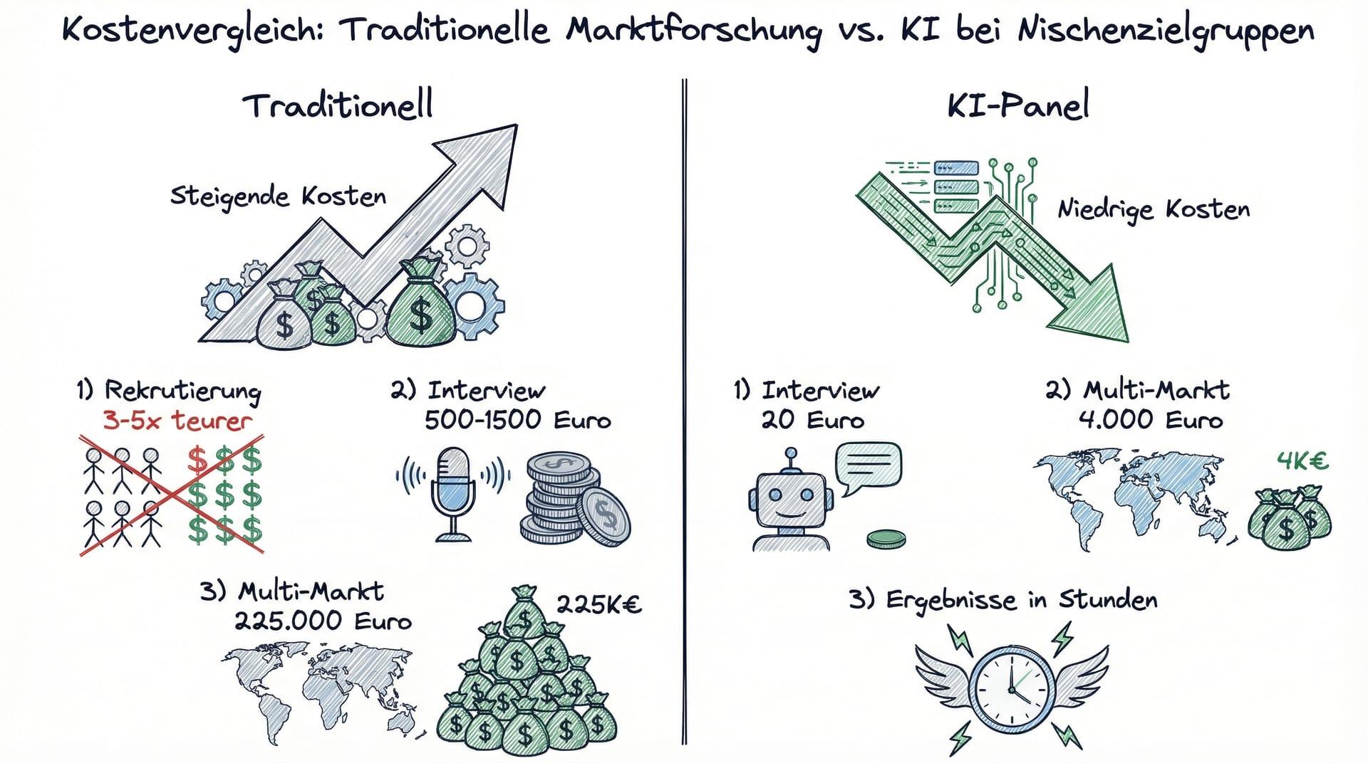 Kostenvergleich traditionelle Marktforschung versus KI bei Nischenzielgruppen