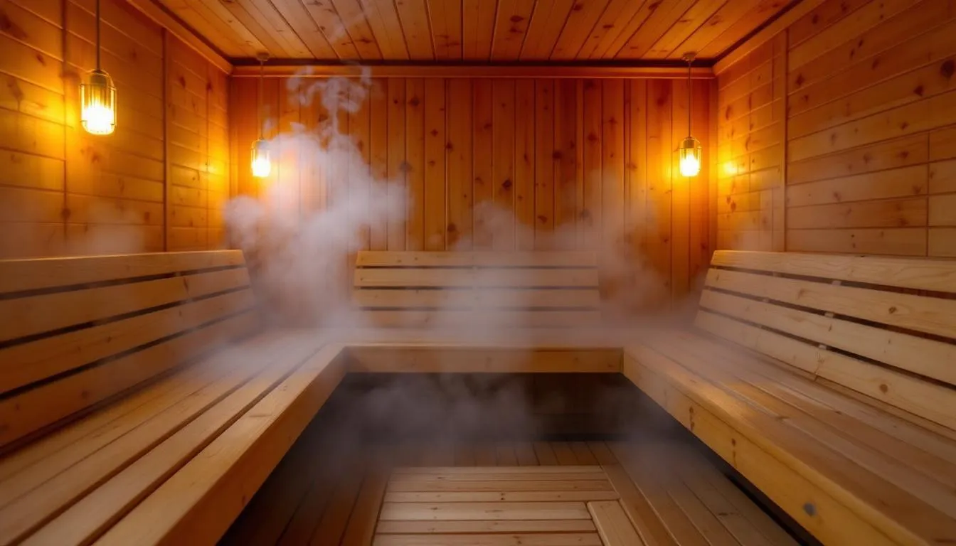 A sauna room with steam and wooden benches, emphasizing sauna bathing's effects on the immune system.