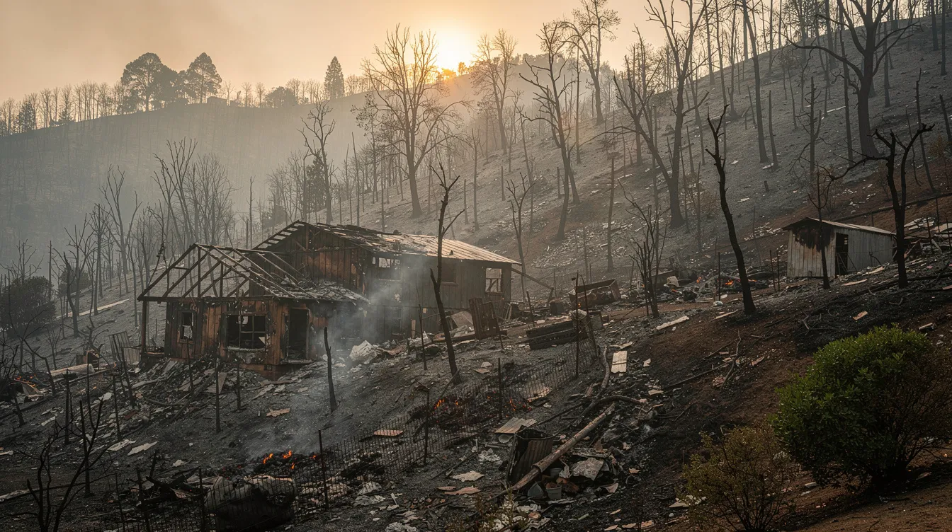 The image depicts a California hillside ravaged by a wildfire, featuring charred trees and damaged structures, highlighting the devastating impact of fire damage on property owners and the surrounding environment. This scene reflects the aftermath of catastrophic wildfires, emphasizing the need for legal representation for wildfire victims seeking to recover compensation for property loss and emotional distress.