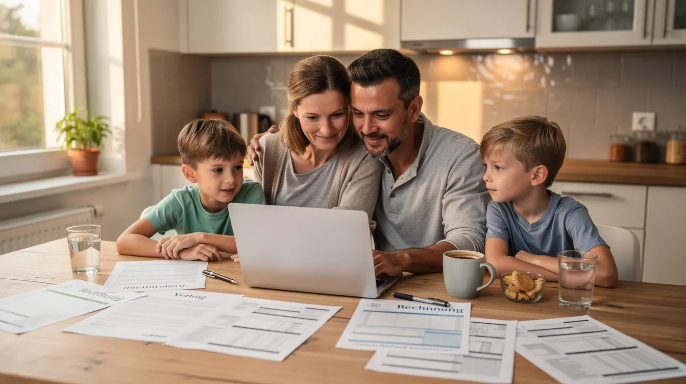 Eine Familie mit zwei Kindern sitzt am Küchentisch und betrachtet Dokumente sowie einen Laptop, während sie sich mit Themen wie dem Sparerpauschbetrag und der Steuererklärung beschäftigt. Auf dem Tisch liegen Unterlagen, die möglicherweise Informationen zu Kapitalerträgen und Freistellungsaufträgen enthalten.