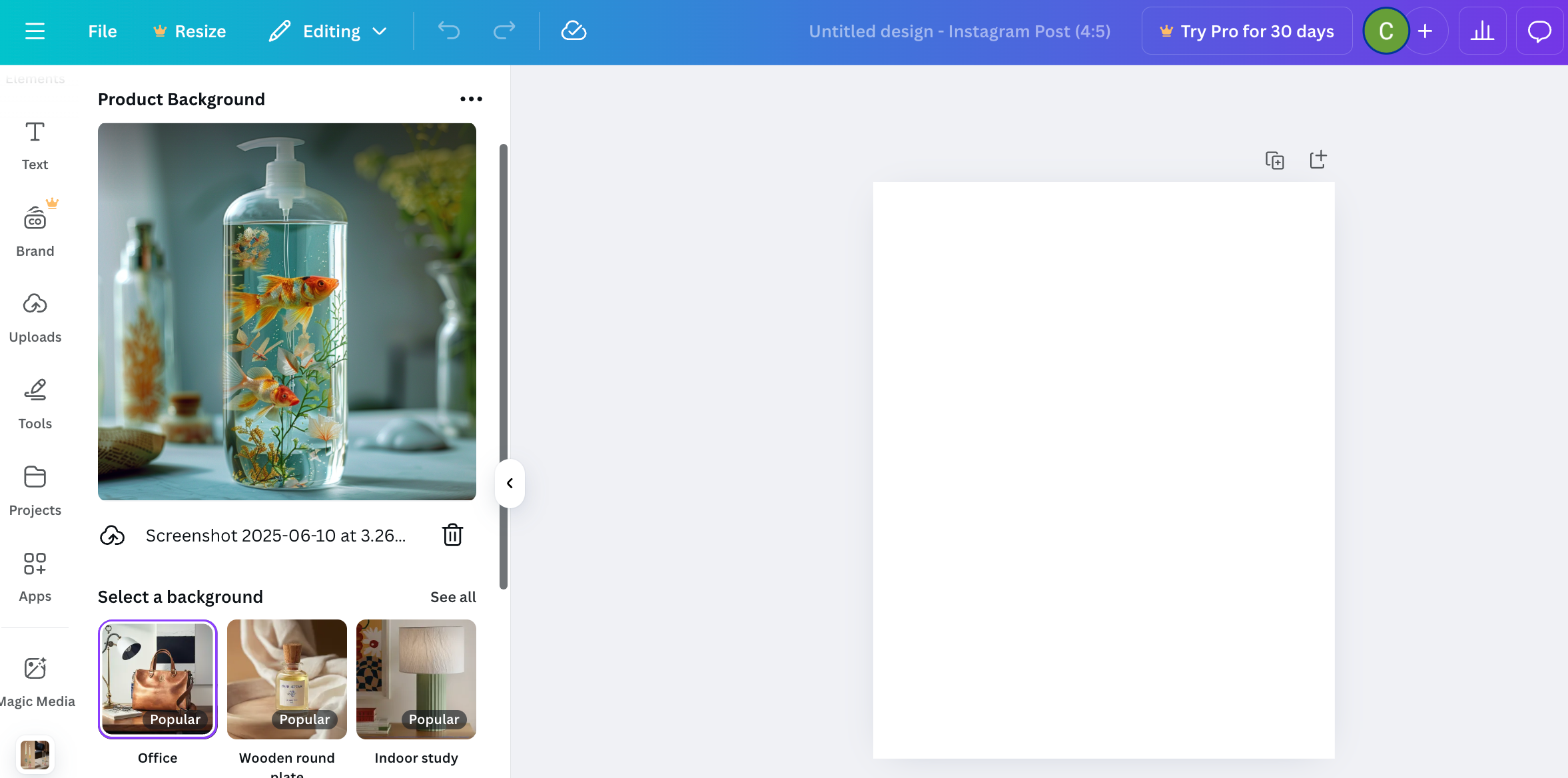 Canva interface showing AI-generated soap bottle mockup with goldfish, surrounded by background options like office and wooden room scenes.