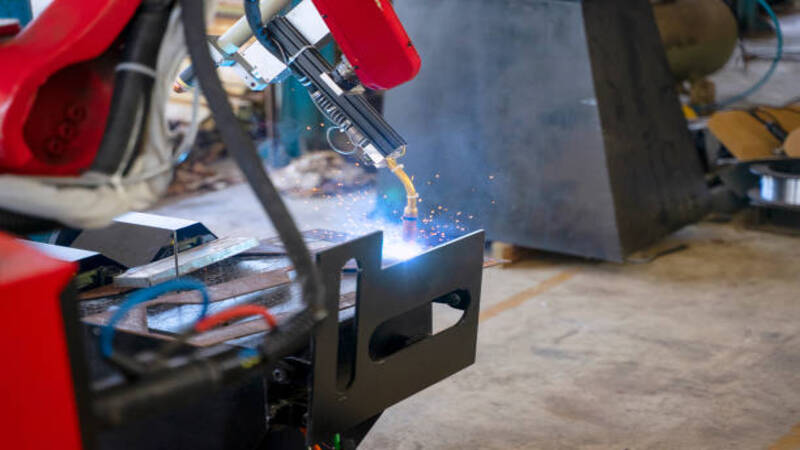 A handheld laser welder is welding a metal frame.