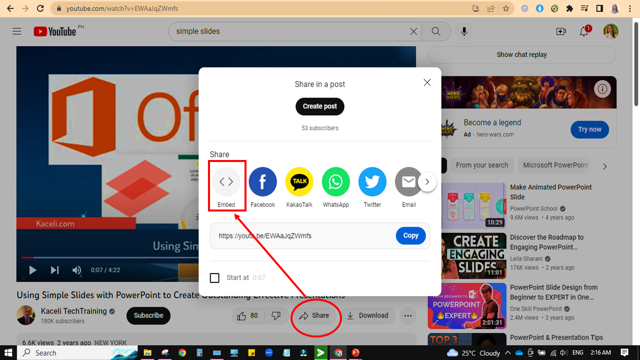 Click the "Share" button under the YouTube video, and select the "Embed" icon.