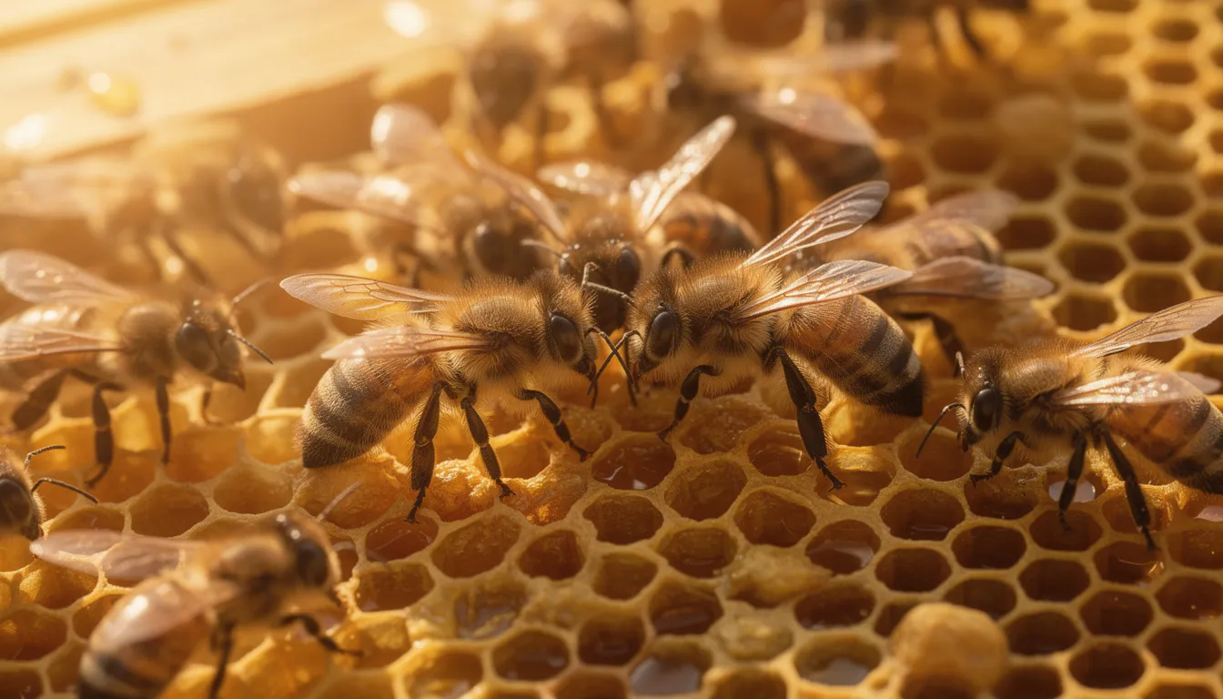 A close-up view of honey bees fanning their wings on honeycomb inside a beehive, creating a warm environment that helps maintain the temperature necessary for the growth of the hive. The bees work together, contributing to the complex ecosystem of the beehive, which plays a vital role in food chains and the health of many living organisms.