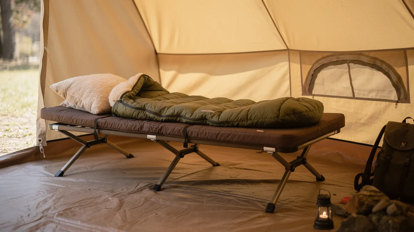 The image shows a spacious padded camping cot set up inside a large canvas tent, featuring a sleeping bag and pillow resting on it, creating a cozy sleeping surface for outdoor enthusiasts. This comfortable cot provides a stable sleeping area on the tent floor, perfect for car camping or a backpacking trip.