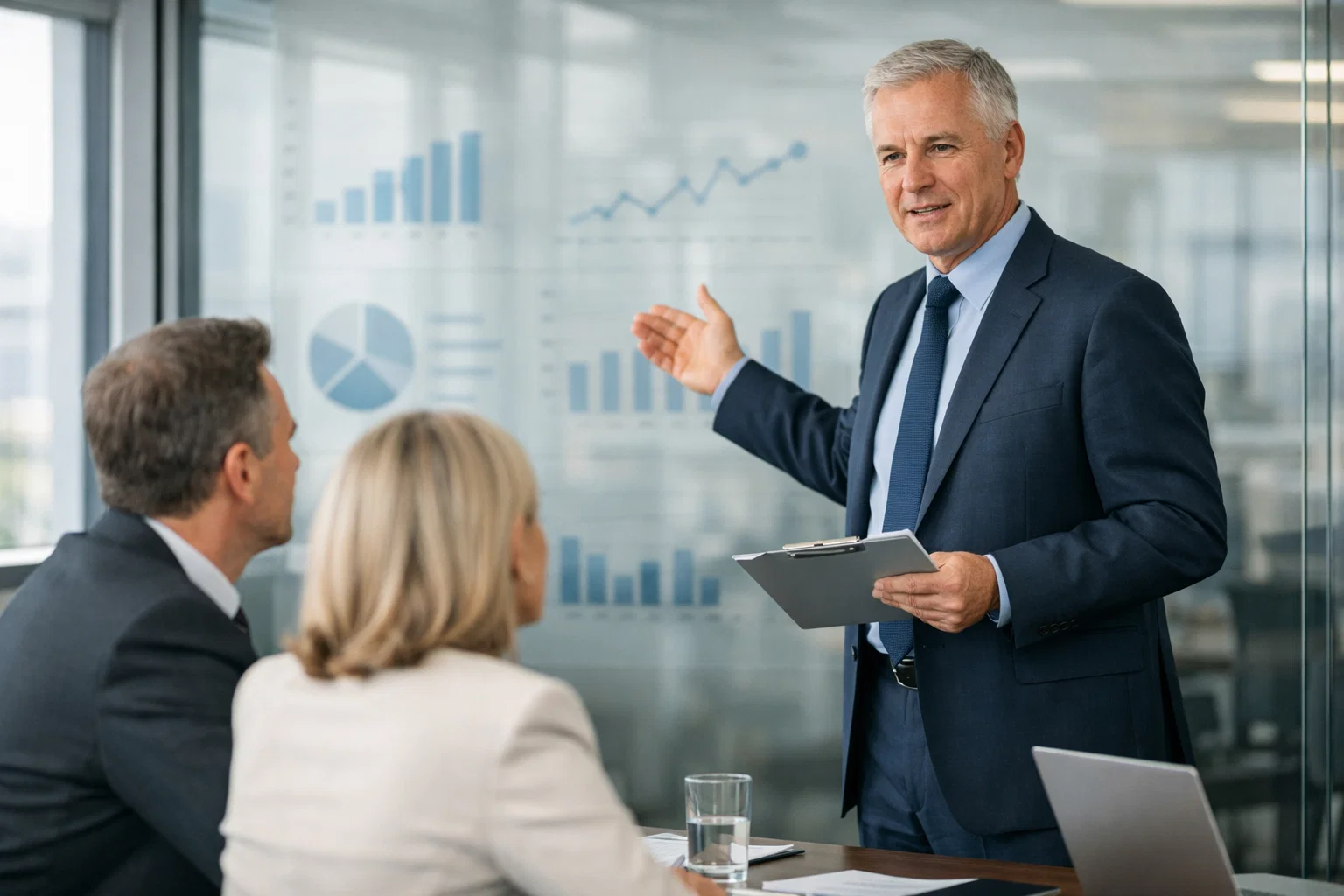 Experienced accountant advising business directors using financial performance analysis.