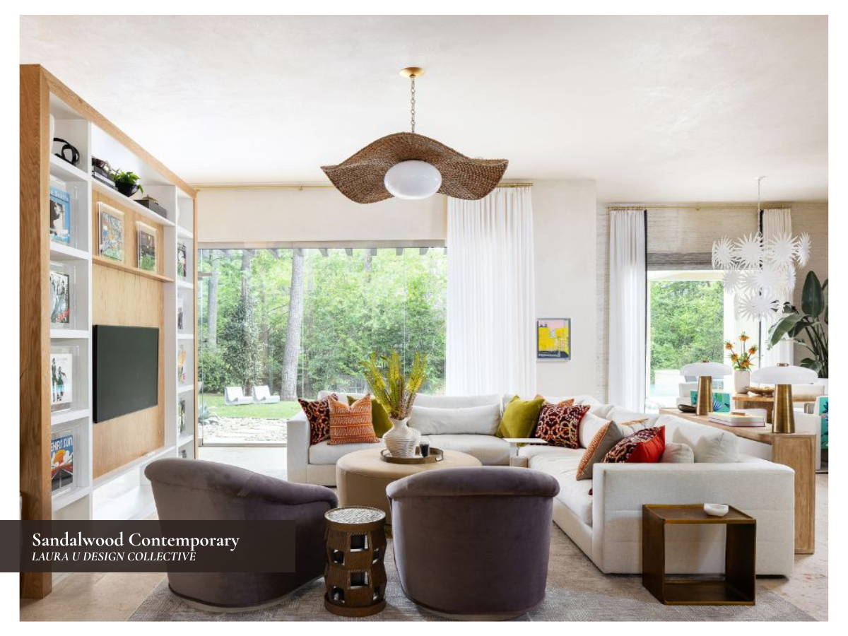 the Sandalwood Contemporary living room; a detail photo with chairs, an ottoman, and a sofa