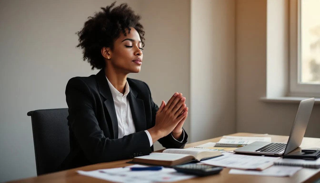 A person kneels in prayer over a table filled with financial documents and budget spreadsheets, seeking divine guidance for financial breakthrough and stability. The scene reflects a blend of spiritual faith, invoking the Lord Almighty and Jesus Christ, with the hope for abundant prosperity and God's provision in their financial life.
