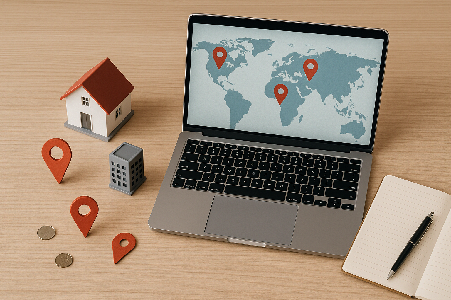 Bird’s-eye view of laptop world map with location pins and building models illustrating cost avoidance and savings plans from reconsidering office location and unused resources.