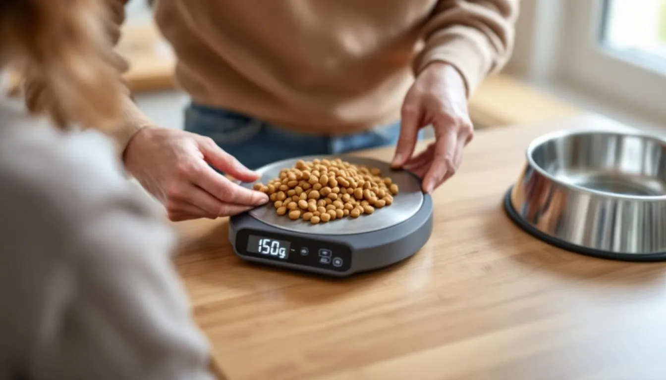 In the image, a digital kitchen scale displays the weight of dog food portions, with a food bowl placed nearby, emphasizing the importance of portion control for dogs