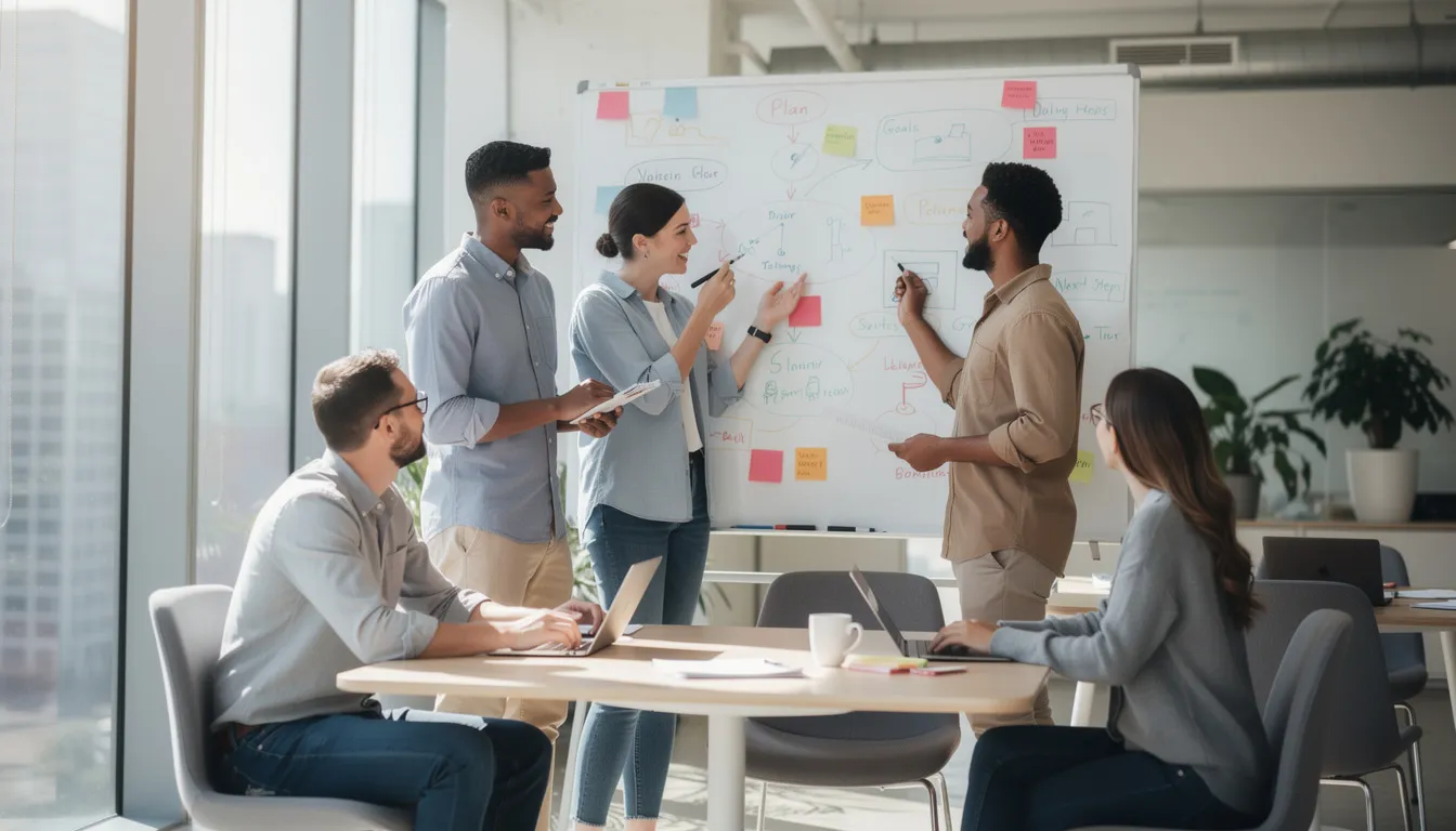 The image depicts a diverse team of professionals collaborating around a whiteboard in a bright, modern office, discussing their sales strategy and outlining their sales goals. The atmosphere is dynamic and focused, reflecting teamwork aimed at creating an effective sales plan to drive revenue growth.
