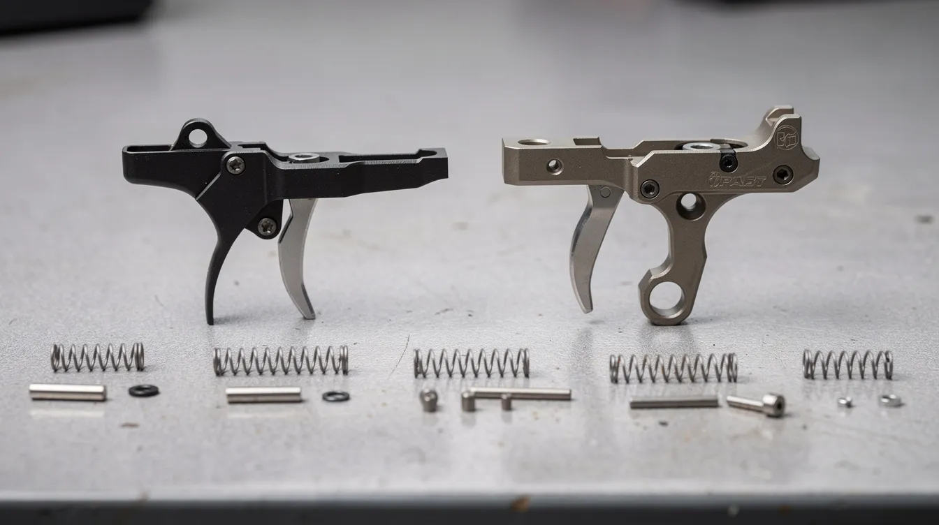 The image shows two trigger assemblies placed side by side on a clean workbench, featuring one factory trigger and one aftermarket trigger. Small springs and pins are visible, highlighting the noticeable difference in design and components, essential for those considering a trigger upgrade for their Ruger model or other firearms.