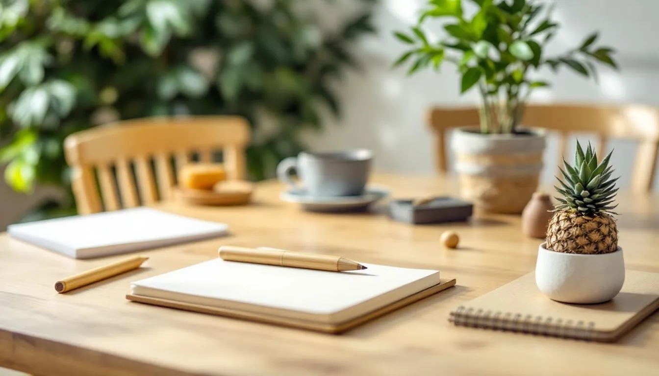 In einem modernen Büro sind verschiedene nachhaltige Büroartikel arrangiert, darunter Bambuskugelschreiber und Recycling-Notizblöcke, die umweltbewusste Entscheidungen symbolisieren. Diese Produkte, die als werbegeschenke oder give aways verwendet werden können, betonen die Verantwortung für Nachhaltigkeit und die Verwendung von ökologischen Materialien.