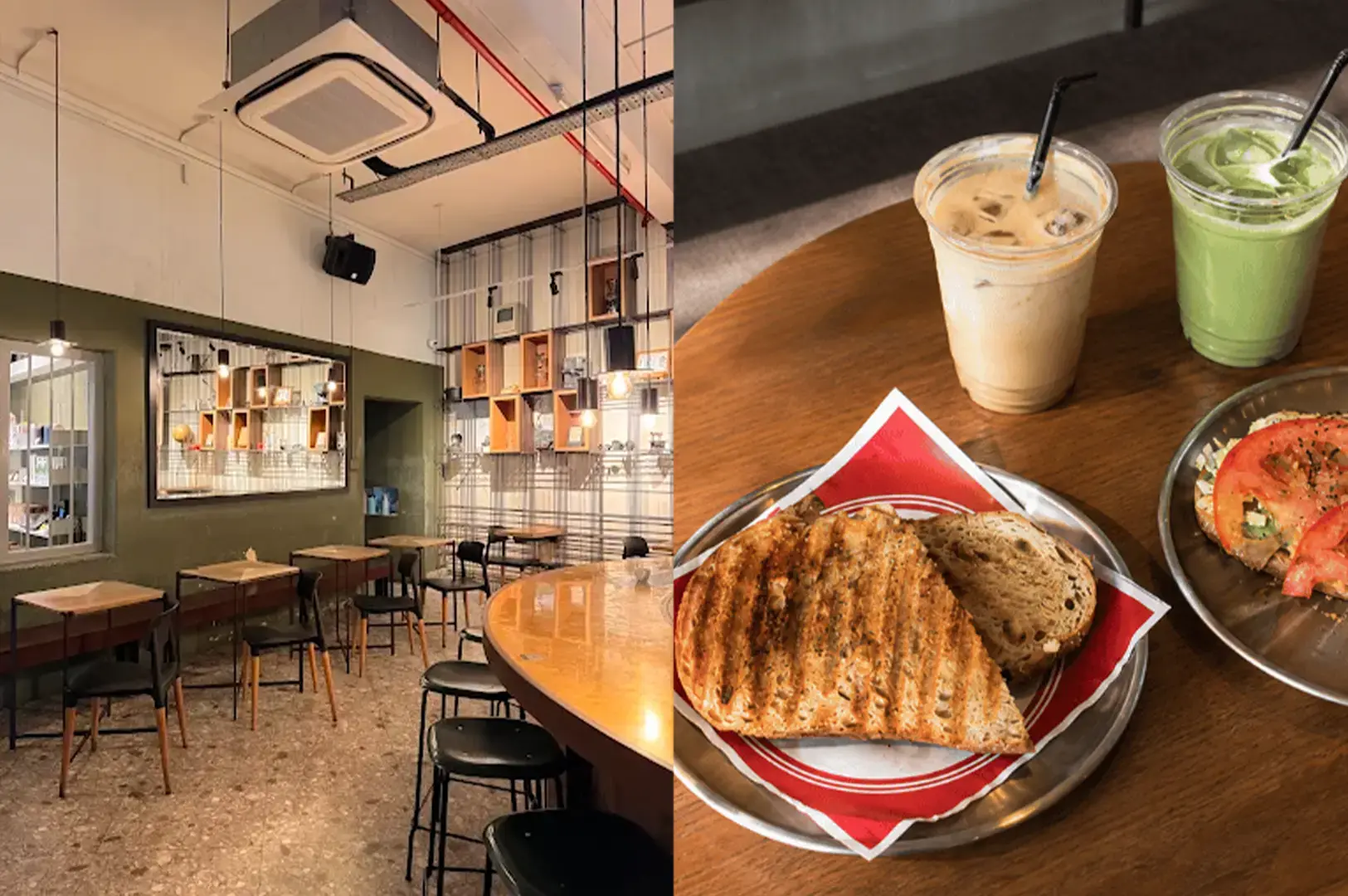 Chye Seng Huat Hardware interior with its modern wall decors and hanging lights and their grilled sandwich and coffee served on a brown table.