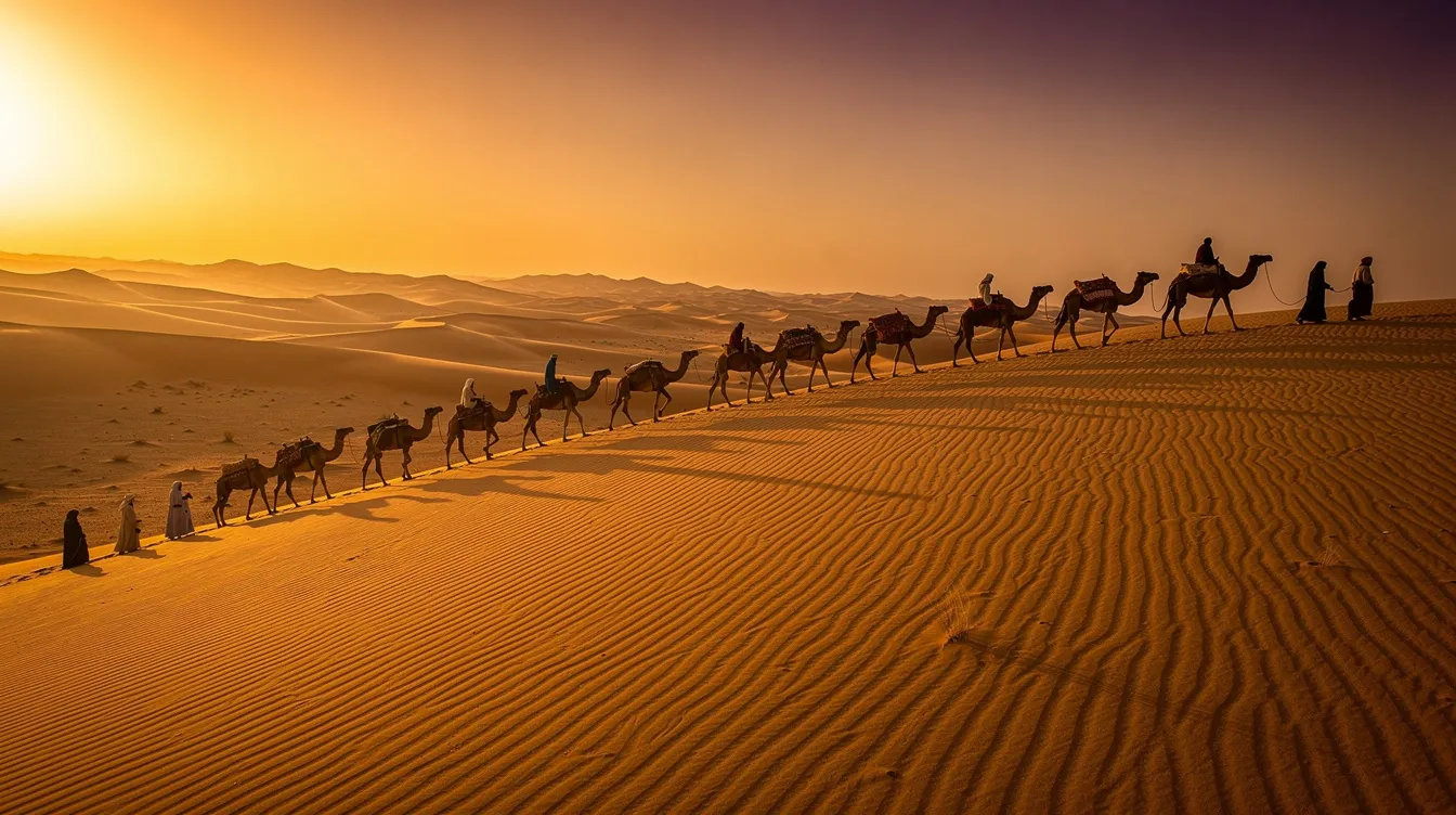A caravan of camels gracefully traverses the golden dunes of the Sahara Desert at sunset, their silhouettes contrasting against the vibrant hues of the sky. This scene captures the essence of Morocco, a destination that requires a valid visa for South African passport holders wishing to explore its stunning landscapes and rich culture.