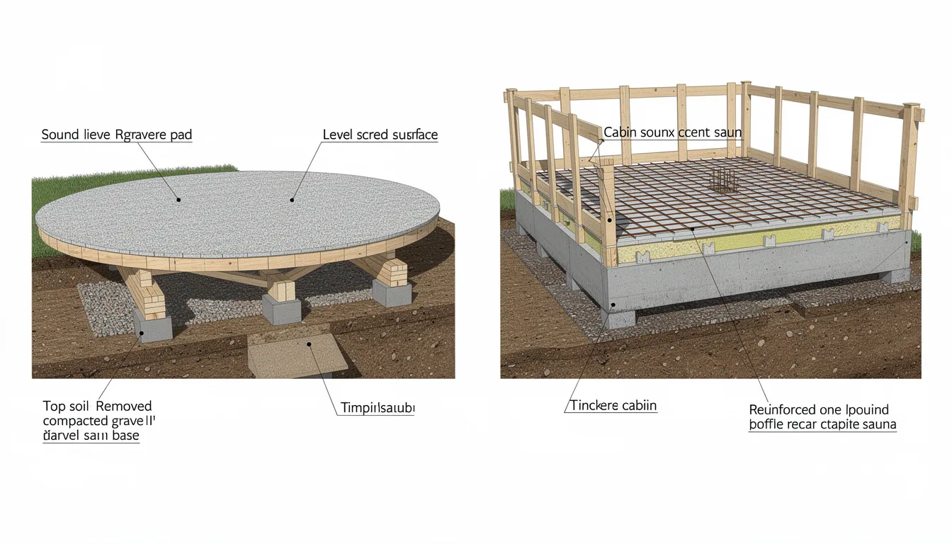 The image depicts a foundation preparation scene comparing a level pad for a barrel sauna and a concrete foundation for a cabin sauna. The barrel sauna, with its cylindrical shape, is designed for outdoor settings, while the traditional square sauna emphasizes durability and stability with its concrete base.