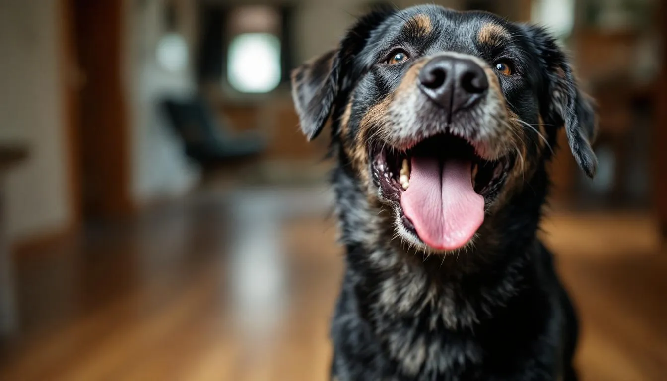 A dog is depicted with its mouth open, panting heavily, indicating difficulty breathing, which may suggest underlying issues such as congestive heart failure or dilated cardiomyopathy. This clinical sign is often seen in affected dogs, especially large breeds like Doberman Pinschers, and may require veterinary medicine intervention.