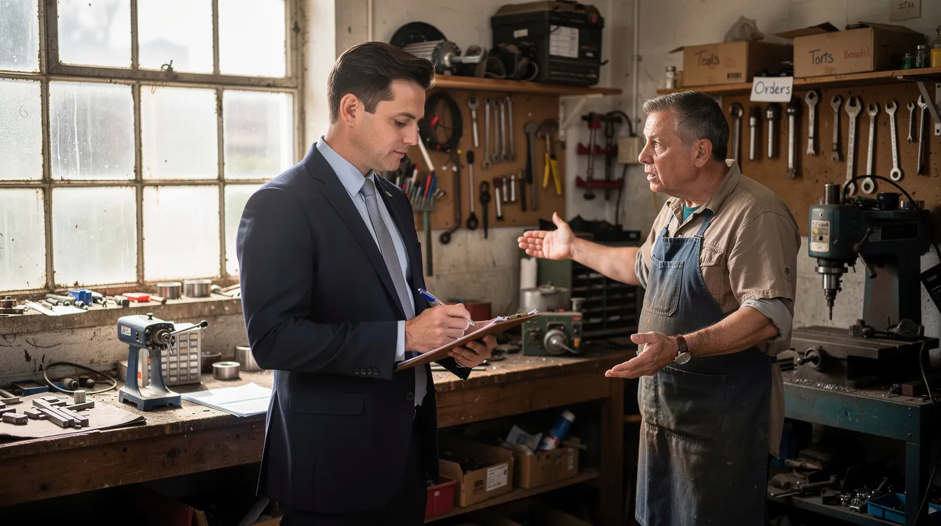 A bank officer is seen visiting a small workshop, holding a clipboard and discussing the mudra loan application process with a small business owner. The scene emphasizes the importance of a clear business plan and eligibility criteria for loan approval.