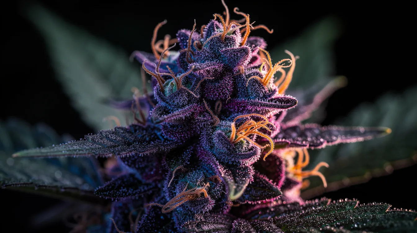 The image features colorful cannabis flowers characterized by vivid purple and blue hues, adorned with bright orange hair-like pistils. These dense buds, part of the blueberry strains, are known for their balanced effects and potential anti-inflammatory properties, making them popular among users seeking relief from chronic pain and stress.