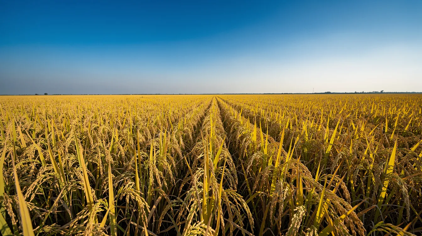 93bc3243 9528 4cf5 a817 382e4578d8ec The image depicts expansive golden paddy fields stretching towards the horizon under a clear blue sky, symbolizing the raw material source for the poha manufacturing business. This serene landscape highlights the agricultural foundation crucial for the food processing industry, particularly in the production of rice flakes and flattened rice.