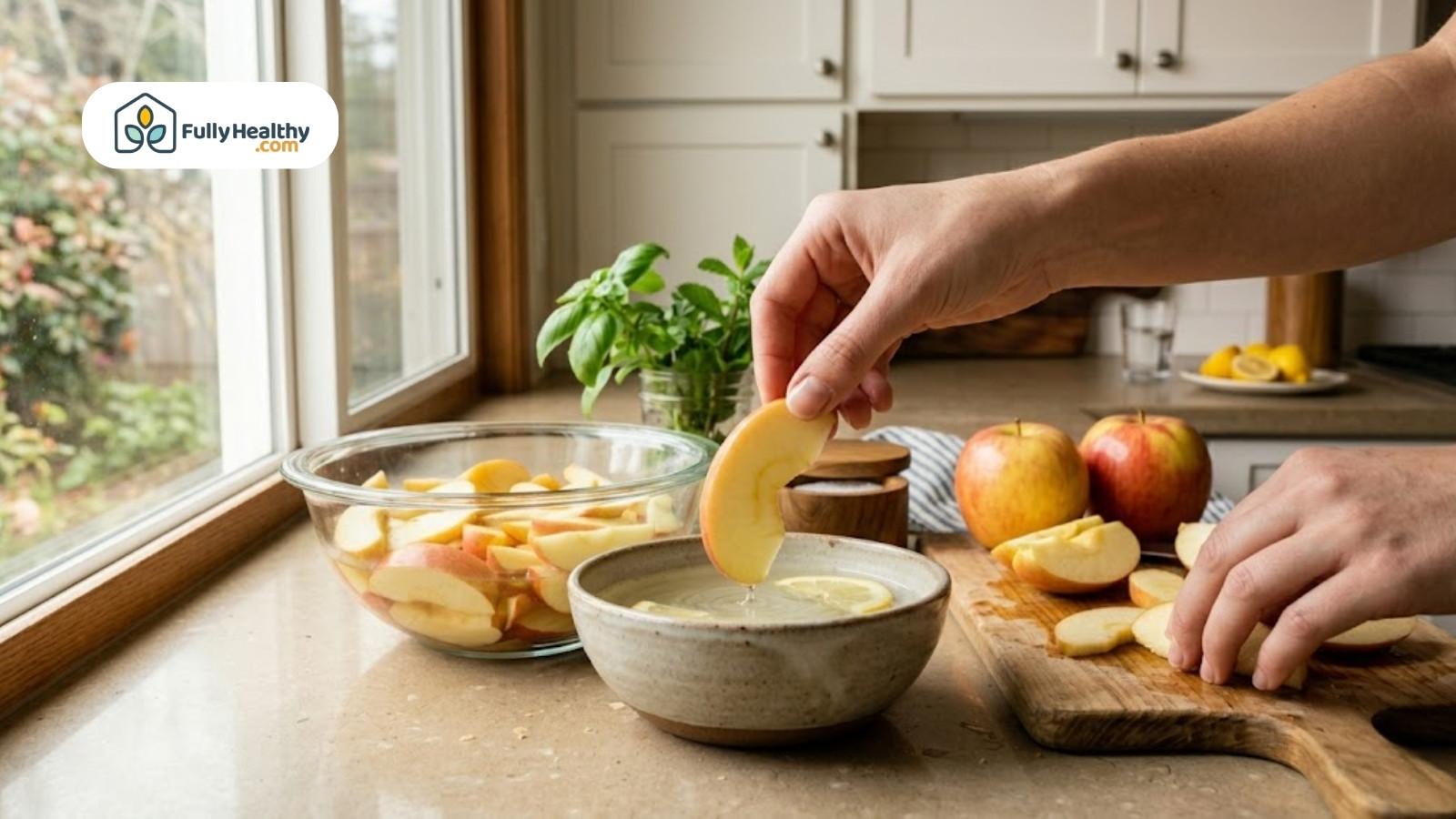 Hand dipping apple slice into lemon water to prevent browning