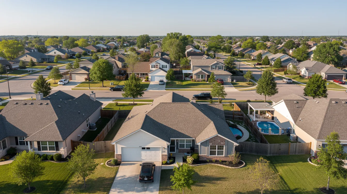 An aerial view captures a suburban neighborhood featuring a mix of single-story and two-story homes, each with shingled roofs. The layout highlights the potential for energy savings through proper HVAC system installation and maintenance, which can significantly impact energy bills and overall comfort.