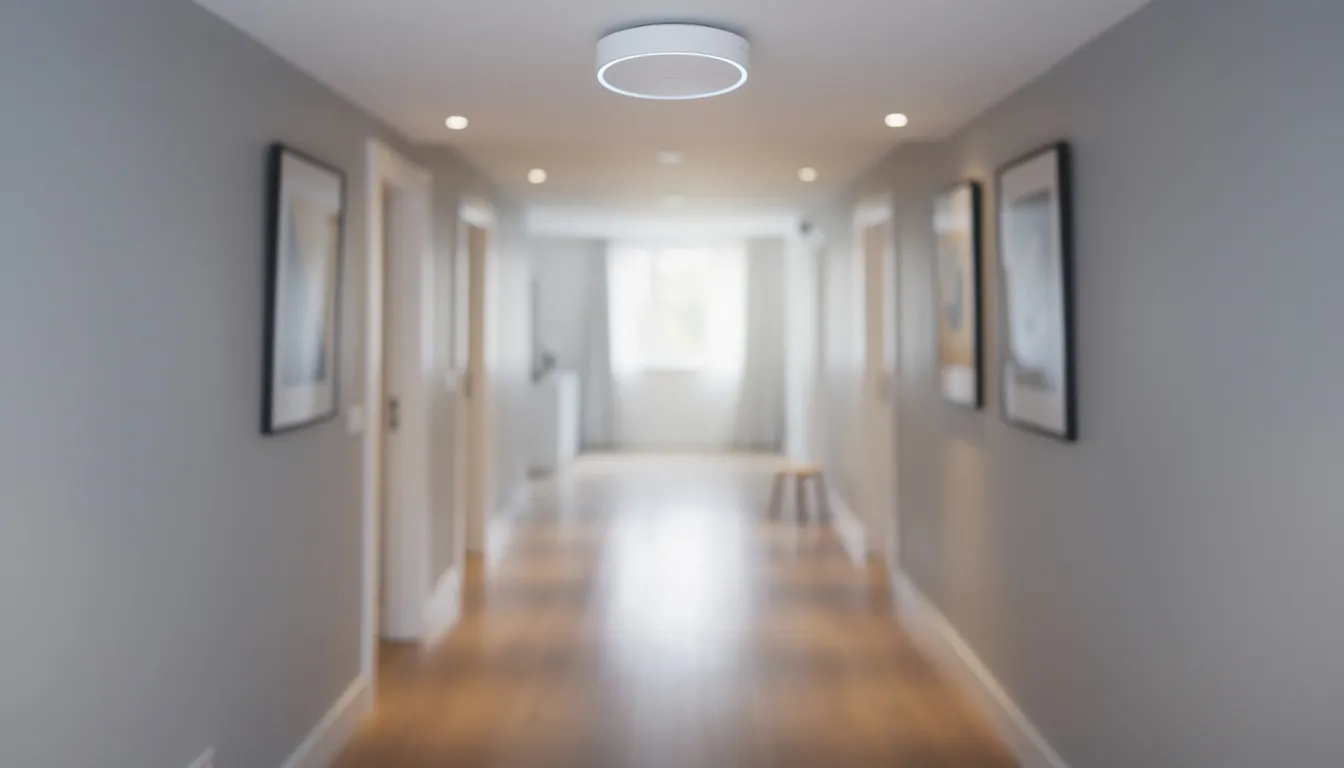 The image shows a ceiling-mounted wireless access point installed in a modern home hallway, providing a seamless network connection for devices throughout the property. The sleek design integrates well with the contemporary decor, ensuring reliable service for online activities.