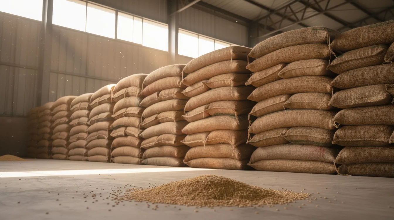 93be51a8 39ef 44e1 b3ec 192f712b9bd4 The image shows a storage warehouse filled with stacked jute bags containing paddy grain, which is a crucial raw material in the food processing industry, particularly for poha manufacturing. The organized arrangement of the bags indicates a well-planned project layout, essential for efficient production and management in the agricultural sector.