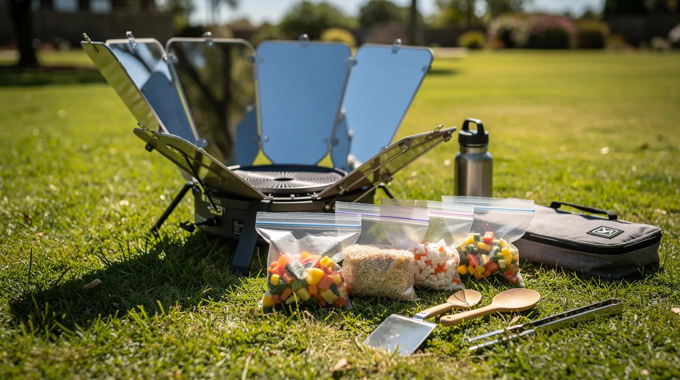 A lightweight folding solar panel cooker is set up on grass, accompanied by cooking bags and utensils, showcasing a portable solar oven ideal for solar cooking. The scene highlights the use of solar power to cook food, demonstrating an eco-friendly approach to meal preparation.