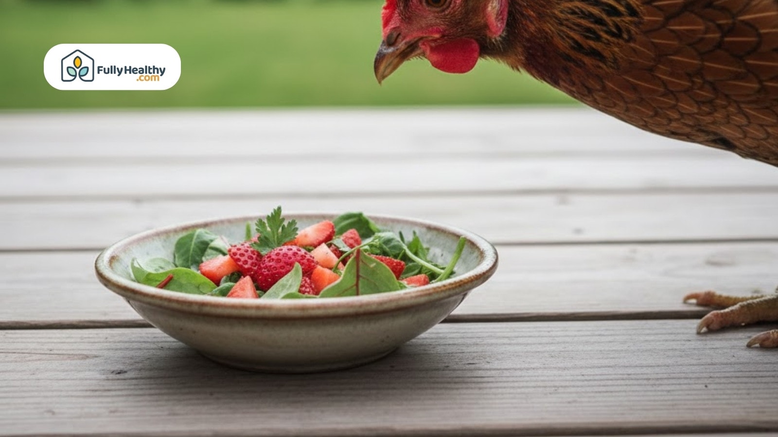 Chicken inspecting bowl of greens and strawberries on rustic table