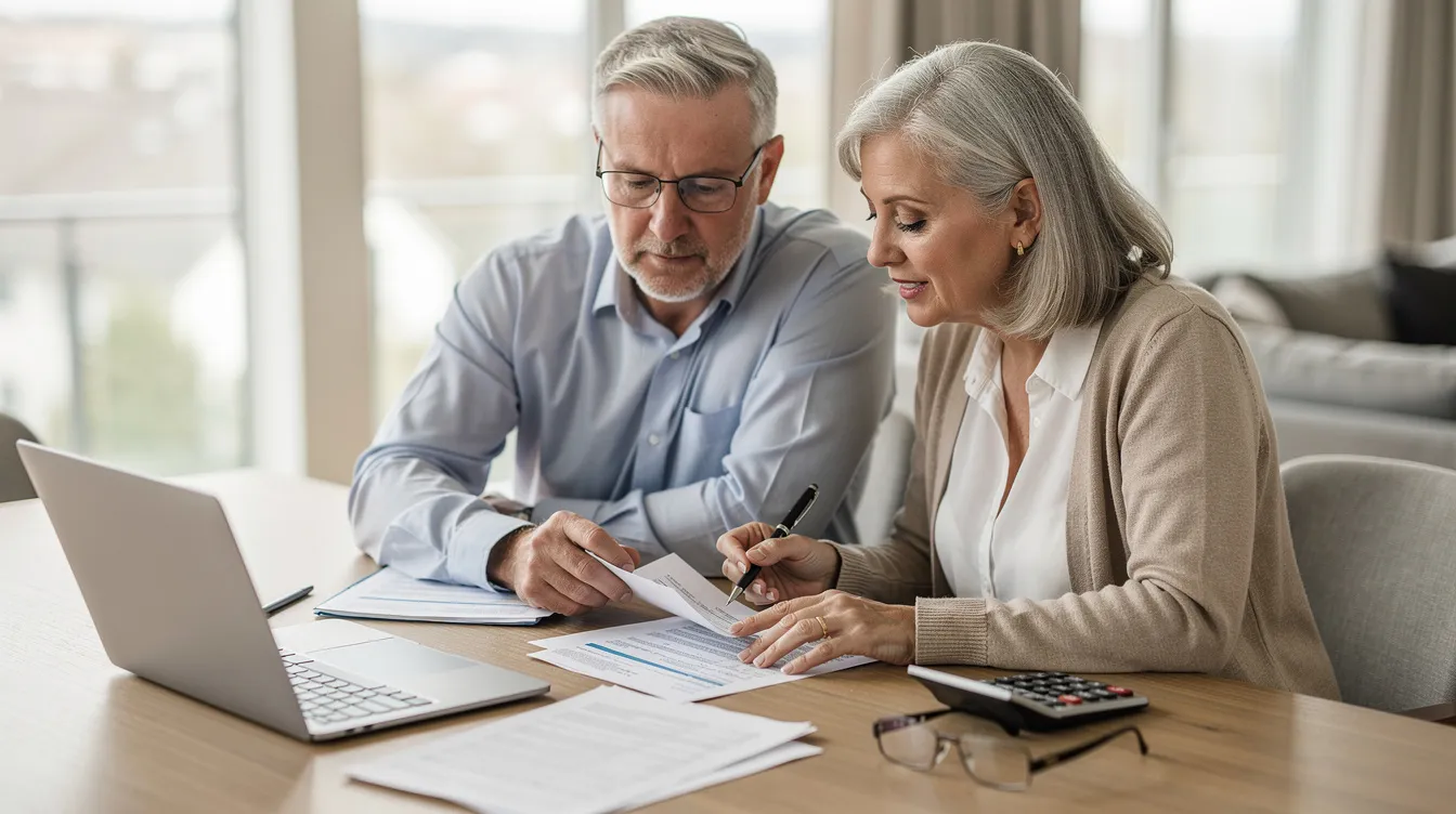 An image of a professional couple in their 60s sitting at a table, closely reviewing financial documents, likely related to retirement savings and life insurance products from Prudential Financial. The couple appears engaged and focused, reflecting their commitment to achieving financial security for their future.