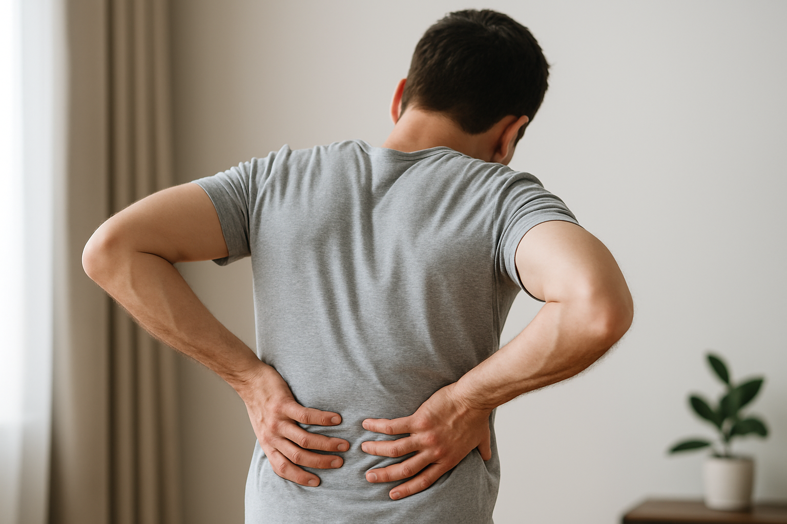 Mann holder korsryggen med begge hender, smerte i ryggen.