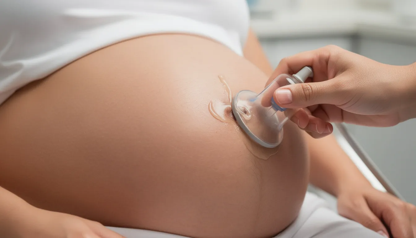 Närbild på en gravid mage med en ultraljudsgivare som placeras på huden för att utföra en tidig ultraljudsundersökning, vilket ger en tydlig bild av fostret i graviditetsvecka 12. Magen är rund och visar tecken på graviditeten, vilket ger en känsla av förväntan och glädje.