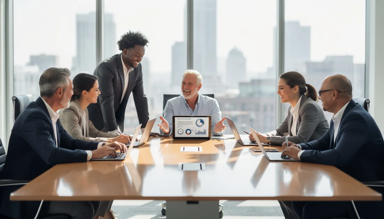 A diverse business team is collaborating around a conference table, engaged in discussions while using laptops. They are likely analyzing financial data and industry trends to make informed credit decisions and assess factors like credit scores and loan approvals.