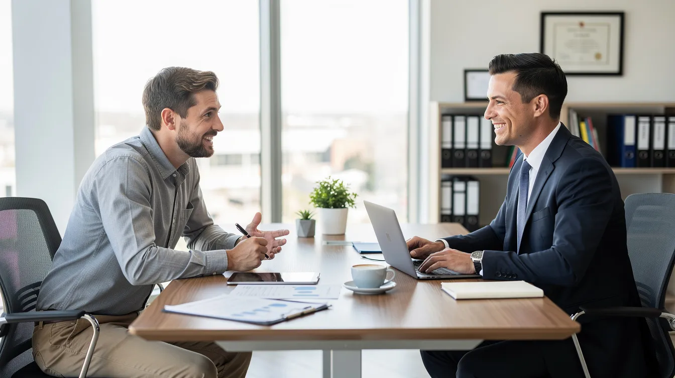 93c389c4 2071 4740 98ea 40957ebfd7d4 The image depicts a professional meeting in an office setting between a banker and a small business owner, discussing financial documents related to a business loan. They are reviewing the project report format, which includes details on financial projections, cash flow statements, and the company's background to assess the approval chances for the mudra loan.