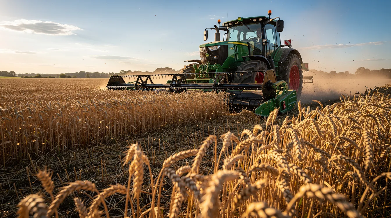 A bright summer scene depicts a tractor working diligently in a golden wheat field during harvest time, surrounded by dust and sunlight. The tractor, possibly a John Deere or New Holland model, showcases its essential components as it efficiently gathers crops, emphasizing the importance of reliable equipment in agricultural work.