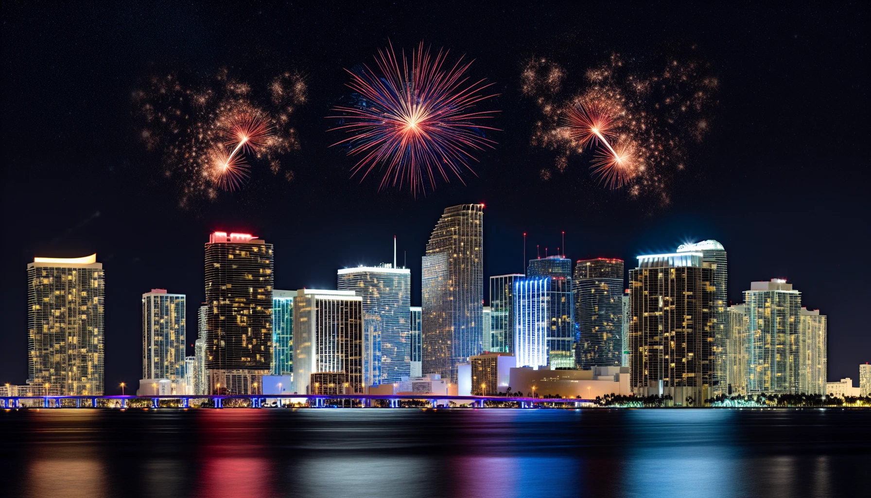Miami skyline with fireworks illuminating the night sky during New Year's Eve