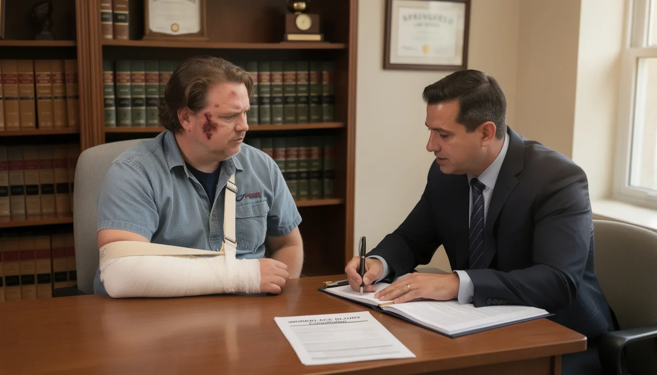 An attorney is consulting with an injured worker in a professional office setting, discussing the details of a workplace injury and the potential workers compensation claim. The meeting focuses on the injured employee's rights to receive benefits for medical expenses and lost wages related to their work injury.