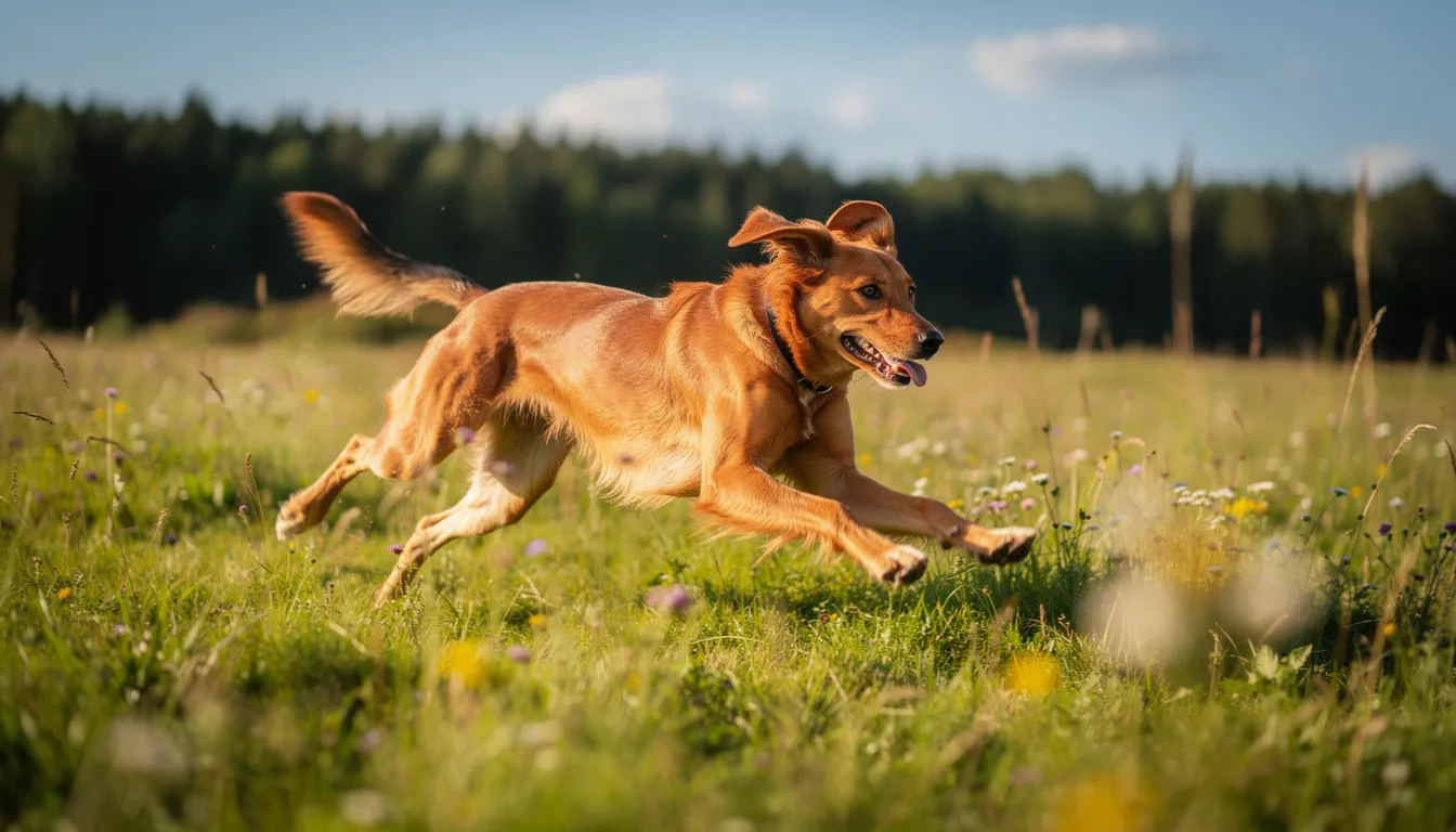 Na zdjęciu widać zdrowego, aktywnego psa biegnącego po zielonej łące, co sugeruje jego doskonałą kondycję i radość z ruchu. Pies ten może korzystać z naturalnych źródeł wapnia, co wspiera prawidłowe funkcjonowanie jego organizmu i zdrowie kości.