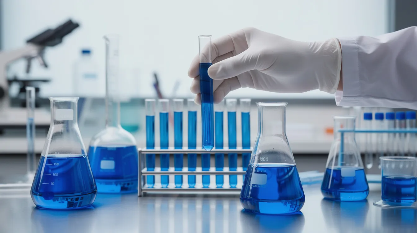 The image depicts a scientific laboratory filled with various glassware, where a researcher is examining a blue liquid solution, possibly methylene blue, known for its potential health benefits in treating rare blood disorders and enhancing mitochondrial function. The setting reflects a focus on research related to cognitive function and oxidative stress reduction in cells.