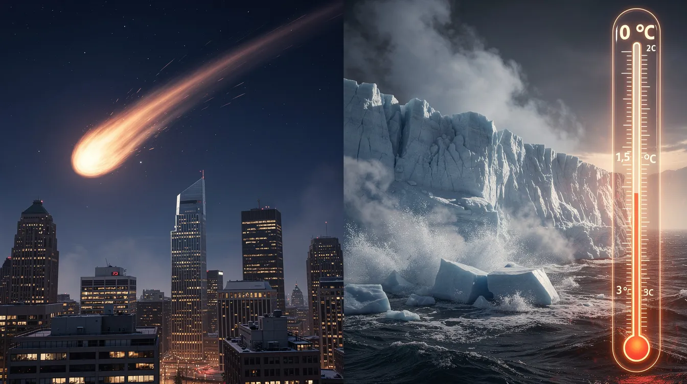 Das Bild zeigt ein zweigeteiltes Motiv: Auf der linken Seite leuchtet ein Komet am Nachthimmel über einer Stadt, während auf der rechten Seite ein massiver Gletscher in ein Meer kalbt, wobei aufsteigender Wasserdampf und eine sichtbar steigende Temperaturskala am Rand zu sehen sind. Diese Darstellung verweist auf Themen wie Gefahr und Katastrophe, die auch im Netflix-Film "Don't Look Up" behandelt werden.